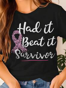 1 Breast Cancer Survivor T-Shirt, "I Am A Survivor" T-Shirt, Also Known As A Breast Cancer Survivor T-Shirt, Stronger Than Cancer, Women's T-Shirt, Short Sleeve T-Shirt With Pink Ribbon For October Cancer Awareness, Inspirational T-Shirt For Women With Cancer, 100% Cotton, 180g. - 黑色 - 查看 6