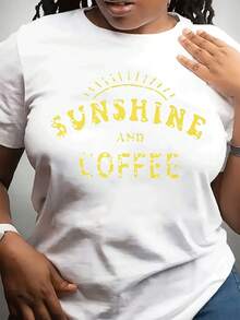 100% algodón, talla grande - Camiseta casual de mujer, talla grande - Estampado con diseño de sol y café, blanca con letras amarillas, tela suave y transpirable, cuello redondo, lavable a máquina, cómoda para todas las estaciones, regalo para amantes del café, camiseta de corte holgado, material elástico. - Blanco - Ver 1