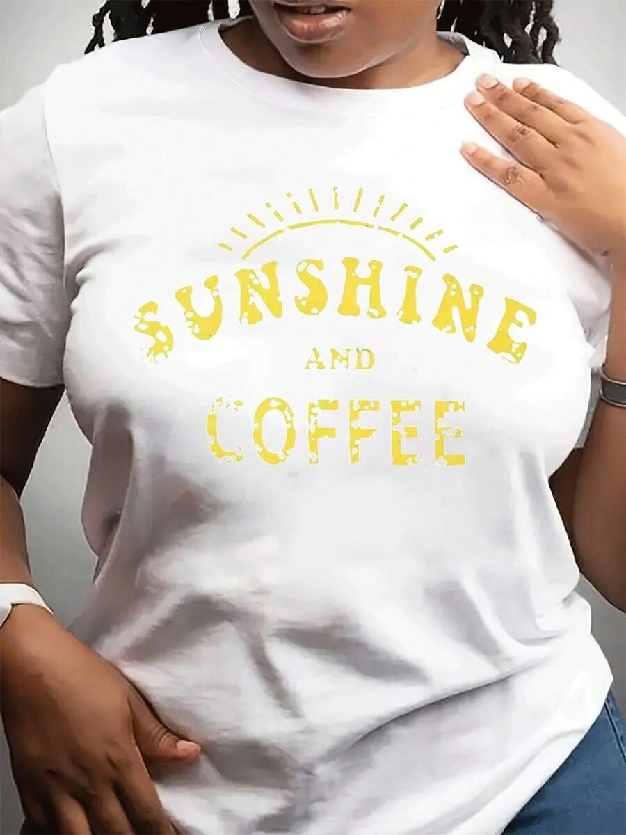 100% algodón, talla grande - Camiseta casual de mujer, talla grande - Estampado con diseño de sol y café, blanca con letras amarillas, tela suave y transpirable, cuello redondo, lavable a máquina, cómoda para todas las estaciones, regalo para amantes del café, camiseta de corte holgado, material elástico. - Blanco - Ver 1