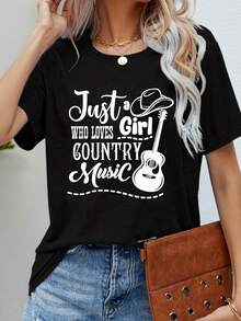 Camiseta 100% algodón con estampado de letras "Amante de la música country" |   Top casual de manga corta y cuello redondo para verano y primavera, camiseta sencilla de color sólido para muj - Negro - Ver 6