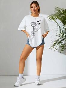 Women's Casual Summer T-Shirt With Floral And Abstract Portrait Print, Round Neck, Drop Shoulders, Pure Cotton Graphic Tees - 白色 - 查看 3
