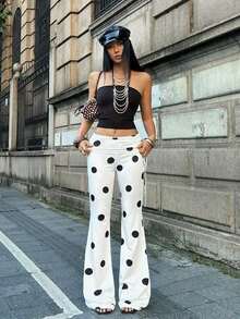 Pantalones acampanados de mujer con cordón lateral negro vintage Y2K, ropa de calle versátil - Blanco y Negro 2 - Ver 6