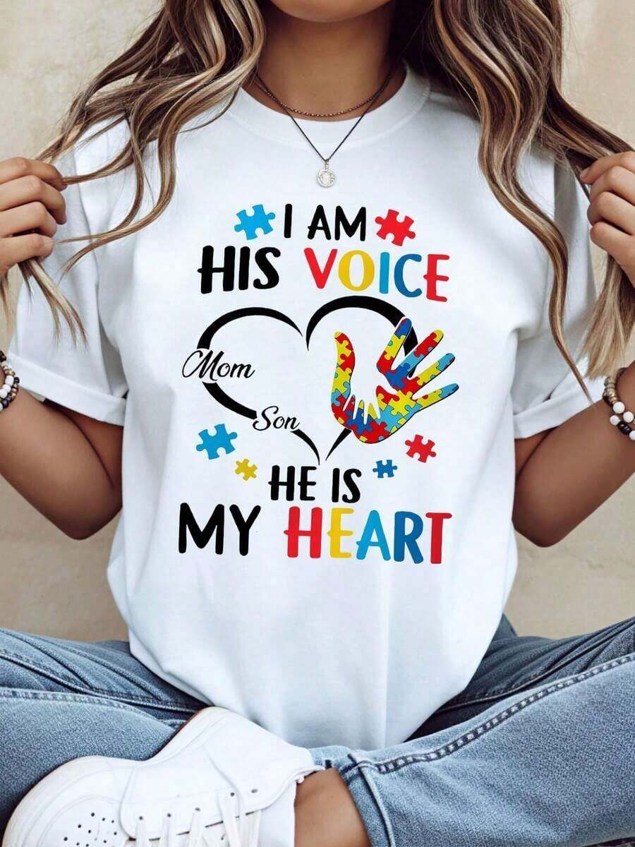 I Am His Voice, He Is My Heart. Autism Awareness T-Shirt For Mothers Of Autistic Children. A Supportive And Caring Gift For Autism Awareness Month. Clothing For Parents Of Children With Special Needs, Cotton T-Shirt. - 白色 - 查看 1