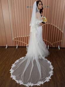 1件白色蕾丝教堂式头纱，优雅双层设计，新娘婚礼配饰 - 白色 - 查看 6