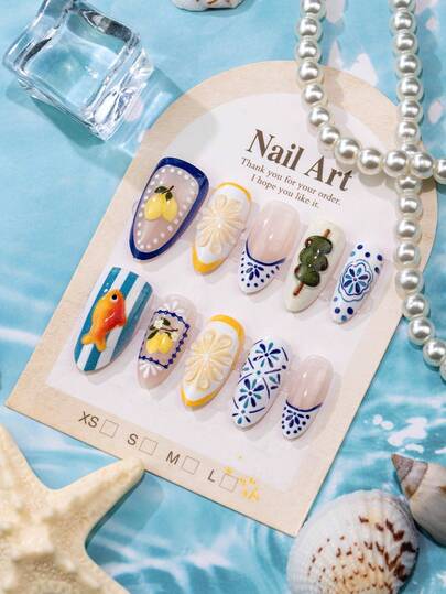 10Pcs Summer Press On Nails Medium Almond Fake Nails 3D Cute Fish Lemon False Nails Reusable Bohemia Designs French Tip Acrylic Nail Summer Fruit Full Cover Stick On Nails For Women Nail Supplies
