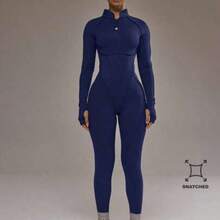 Sport Contrast Piping Zip Through Open Back Fitted Long Sleeve Jumpsuit Padel Activewear Sport Gym Workout Yoga Pilates Fitness Daily Casual - Azul Marino - Ver 1