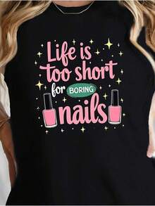 Women's Blouses "Life Is Too Short To Cut Boring Nails" Women's Nail Art And Star Print T-Shirt - Short Sleeve Black Turtleneck With Manicure Design, Casual Summer Blouse Machine Washable For Nail Art Lovers, Holiday Gift And Casual Outfit - 黑色 - 查看 10
