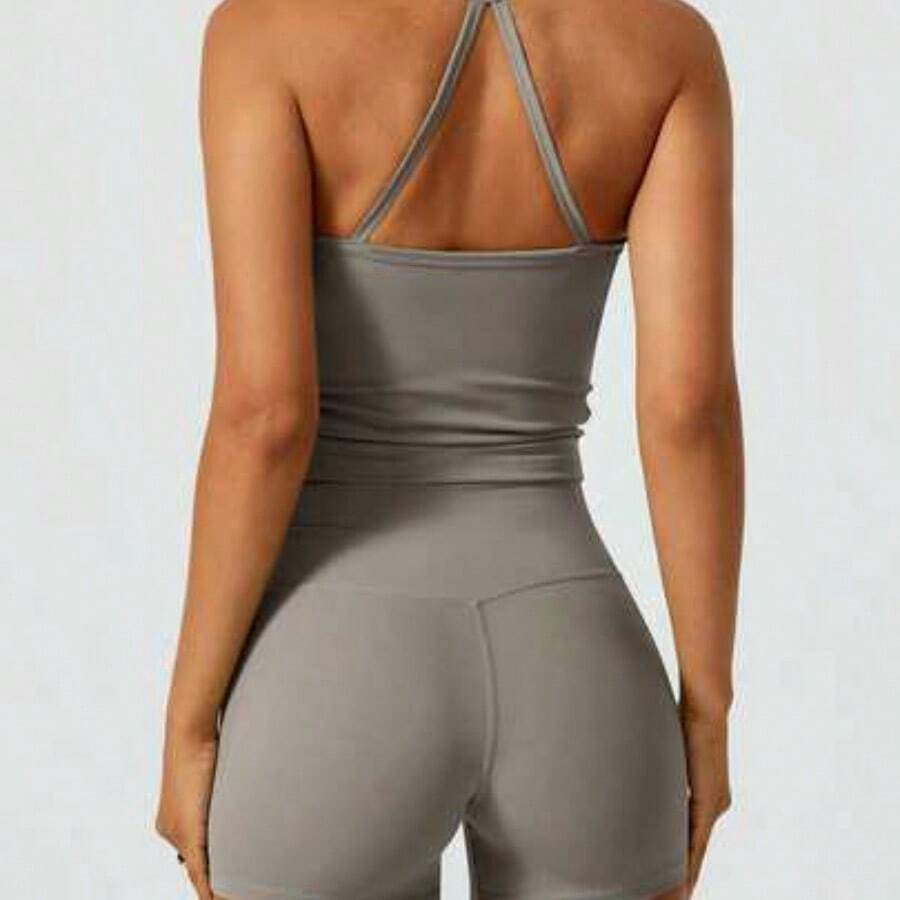 NcmRyu Women's Halter Backless Yoga Sports Seamless Butt-Lifting Fitness Set, Spring/Summer - Gris - Ver 1