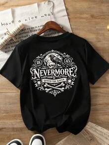 Women's T-Shirt With Front And Back Print, Nevermore Design, Crow Pattern, Round Neck, Casual Short Sleeve Style, Suitable For Fitness In All Seasons And Everyday Wear, Top With A Fun Printed Design. Elegant Party Outfit, T-Shirt For Stylish Ladies, Blouses Suitable For Curvy Women, Prom Skirts, Casual Wear - 黑色 - 查看 2