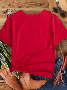 Women's T-Shirt With "Stronger Than The Storm" Print In Turquoise - Stylish Round Neck, Short Sleeves, Breathable Polyester Fiber, Machine Washable, Casual Spring/Summer Top, Women's T-Shirt, Summer Clothing, Bold Text Design, Soft Texture. - 紅色 - 查看 2