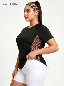 Camiseta negra de talla grande para mujer con panel de malla transpirable con estampado de leopardo, manga raglán y bajo curvo, parte superior de activewear para fitness y yoga - Multicolor - Ver 3