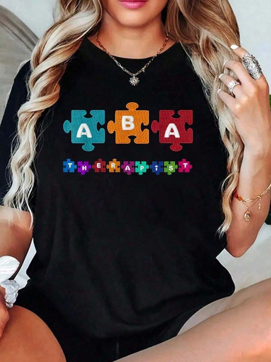 Women's T-Shirts And Clothing Sets: ABA Therapist, Behavior Educator, Autism Therapy, RBT - 黑色 - 查看 1