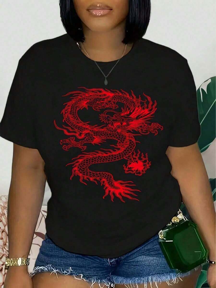 Women's Casual Short Sleeve T-Shirt With Eye-Catching Red Dragon Graphic Print - Soft And Stretchy Crew Neck T-Shirt, Machine Washable, Comfortable All-Season Top, Ideal For Casual Outfits, Leisure Wear, Not See-Through. - 黑色 - 查看 1