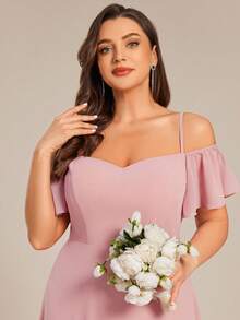 EVERPRETTY Plus Size Elegant Romantic Alluring Off-Shoulder Pink Bridesmaid Dress, Suitable For Summer Wedding Guest, Valentine's Day Party - Pink - View 6