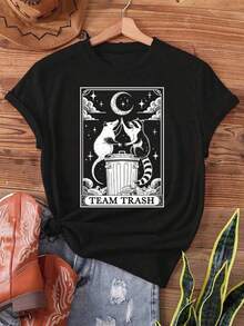 Fashionable Summer Cotton T-Shirt For Women, Featuring A Vintage Print Of The Mexican Brand Y-2 Possum And Crescent Moon On A Trash Can, Short Sleeves And Round Neck, Casual Style, Suitable For Summer And Spring. - 黑色 - 查看 8
