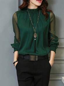 Blusa de manga larga transparente de unicolor para uso casual u oficina para mujeres - Verde - Ver 5