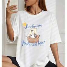 Women's Korean Style Summer Printed Cotton T-Shirt With "Inclusion Floats My Boat" Print, Round Neck, Short Sleeve, Letter Print, Loose Fit, Casual, Versatile, For Everyday Wear, Beach, Party, Summer Vacation. - 白色 - 查看 5