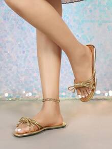 French Elegant Bowknot Open Toe Flat Sandals - Gold - View 7