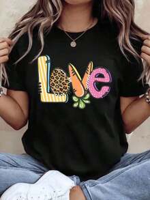 Women's Cotton T-Shirts With A "Love Letter" Graphic Design, Featuring A Colorful And Cute Pattern, Perfect For Summer Casual Wear, A Great Gift For Valentine's Day Or Birthdays, And As Basic Women's Blouses. - 黑色 - 查看 7