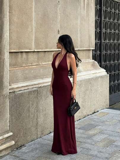 Women's Sexy Elegant Halter Deep V-Neck Fitted Mermaid Backless Tie Detail Evening Dress, Polyester Knit Stretch Fabric Fall Wedding Party