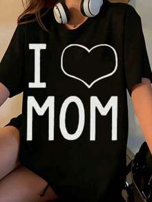 "I Love Mom" T-Shirt For Women, Mother's Day Gift, Casual Black Cotton T-Shirt With Heart Design, Perfect For Family Moments And Everyday Wear [Suitable For Leisure And Sports] - 黑色 - 查看 7