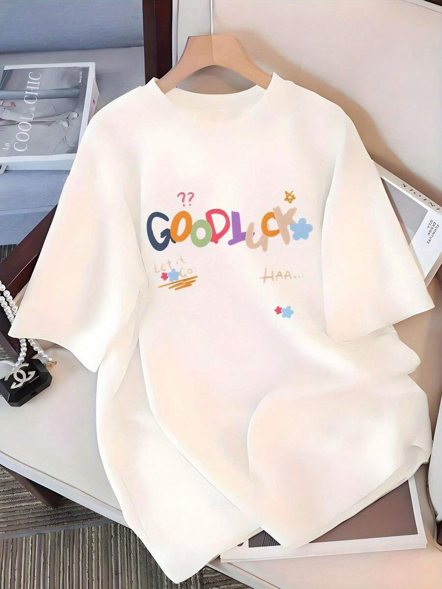 Modern And Minimalist Graphic T-Shirt For Women - Colorful "Good Luck" Letter Print, Loose Fit Short Sleeve T-Shirt, White Summer Casual Top With Star And Heart Details, Casual T-Shirt For Women's Everyday Wear. - 白色 - 查看 1