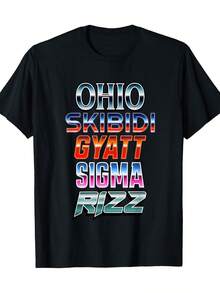 Men's Skibidi Gyatt Sigma Rizz T-Shirt - 100% Cotton, Casual Crew Neck With Vibrant Geometric Letter Print, Short Sleeve, Machine Washable, Retro Style For Casual Wear - 黑色 - 查看 1