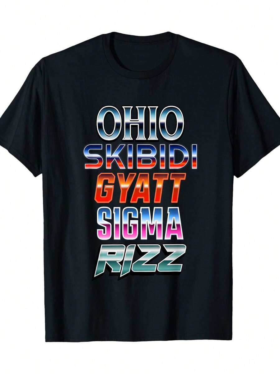 Men's Skibidi Gyatt Sigma Rizz T-Shirt - 100% Cotton, Casual Crew Neck With Vibrant Geometric Letter Print, Short Sleeve, Machine Washable, Retro Style For Casual Wear - 黑色 - 查看 1