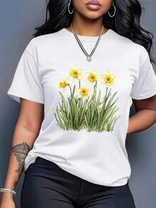 Women's Cotton T-Shirts, Round Neck, Casual Loose Fit, European Geometric Pattern, Short Sleeve - Breathable Summer T-Shirt, Simple Casual Top For Everyday Wear - 白色 - 查看 1
