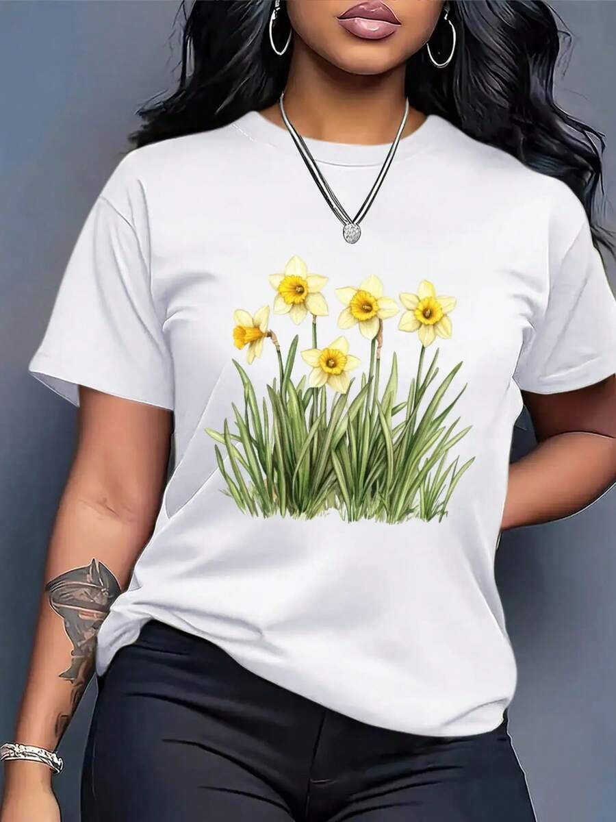 Women's Cotton T-Shirts, Round Neck, Casual Loose Fit, European Geometric Pattern, Short Sleeve - Breathable Summer T-Shirt, Simple Casual Top For Everyday Wear - 白色 - 查看 1
