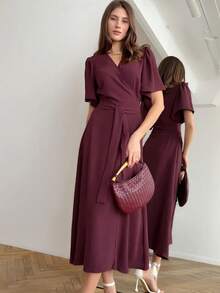 French Maxi Dress With V-Neck, Tie And Fitted Waist, Spring Summer 2026 - 酒紅色 - 查看 4