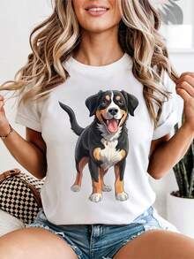 Women's Bernese Mountain Dog T-Shirt, Cute Top With Cartoon Graphic Print For Pet Lovers, Casual Clothing With Animal Illustration - 白色 - 查看 1