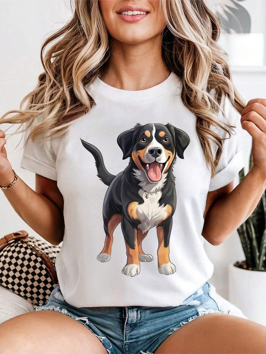 Women's Bernese Mountain Dog T-Shirt, Cute Top With Cartoon Graphic Print For Pet Lovers, Casual Clothing With Animal Illustration - 白色 - 查看 1