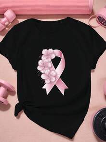 Women's Pink Short Sleeve T-Shirt With Bow - Casual Round Neck Blouse, Machine Washable - Comfortable Top For Casual Outfits And Layering, Soft Floral T-Shirts For Women, 12+ Months Care - 黑色 - 查看 1