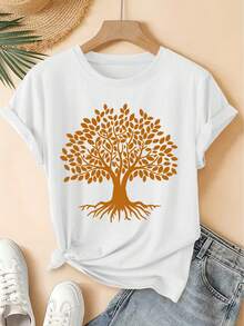 Spring/Summer 2026, New Women's Short Sleeve T-Shirt With Round Neck And Tree Of Life Print In Brown, Distressed Vintage Style, Casual Sporty Top, Soft Pure Cotton Fabric, High-Quality Women's Clothing. | Fun And Original Design | Fun And Rejuvenating Top - 白色 - 查看 1