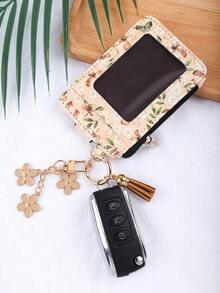 1pc Countryside Floral Card Holder & Keychain, Macaron Color Ditsy Floral Card Case With Flower Pendant And Tassel Design, Convenient Storage For Cards, Fashion Accessory For Women - Multicolor - View 12
