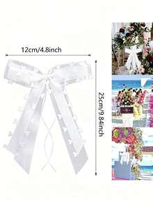 48pcs White Lace Bow Ribbons Wedding Car Rearview Mirror & Chair Back Decorative Bow Ribbons DIY Gift & Floral Packaging Heart-Shaped Bow Ribbons Suitable For Weddings, Parties, And Home Decor - White - View 3