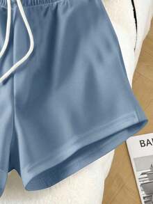 Conjunto casual diario de top de manga corta de cuello redondo de unicolor y shorts con cordón en la cintura para mujer - Niebla azul - Ver 4