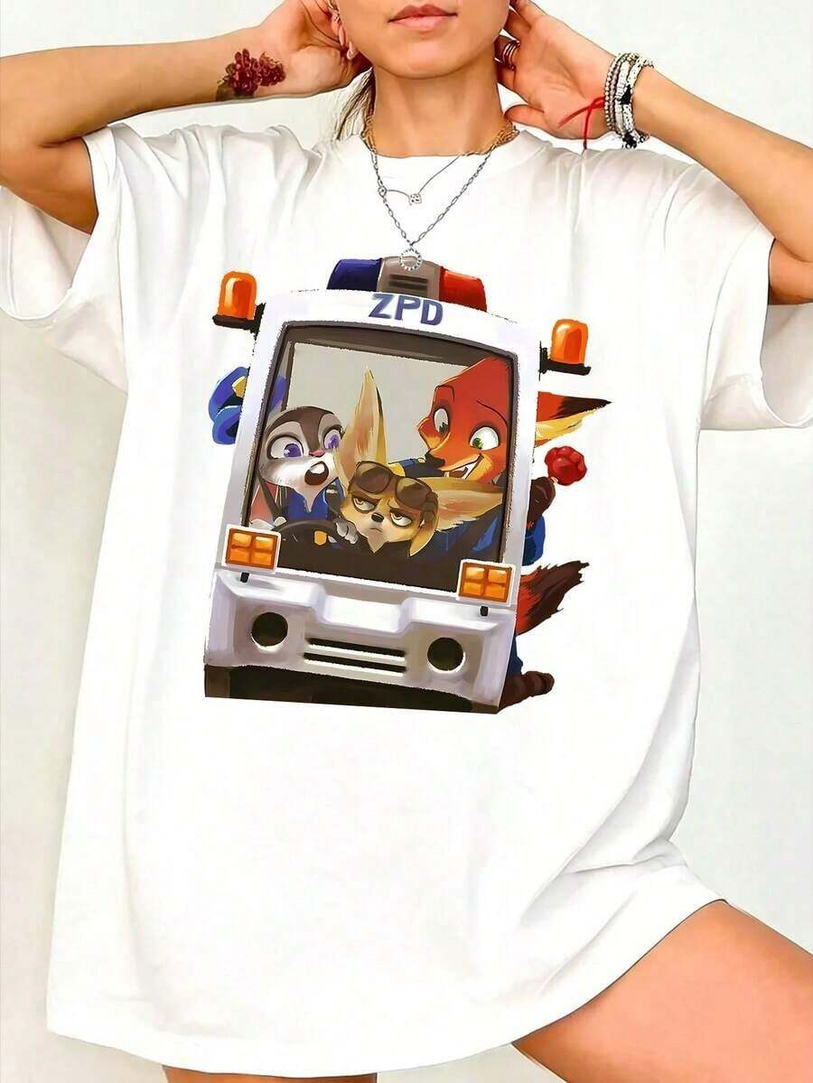 New 2026 Collection: Women's Cotton T-Shirt, White, Casual, With Print, Short Sleeve, Round Neck, Regular Fit With Slight Elasticity - 白色 - 查看 1