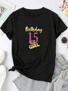 1 Piece Y2K Style Women's Short Sleeve Top With 15th Birthday Celebration Print, Birthday Gift. Elegant Party Outfit, T-Shirt For Elegant Ladies, Blouses Suitable For Curvy Women, Casual Wear, Cool And Sweat-Free Summer Clothing, Fun Letter Print. - 黑色 - 查看 3