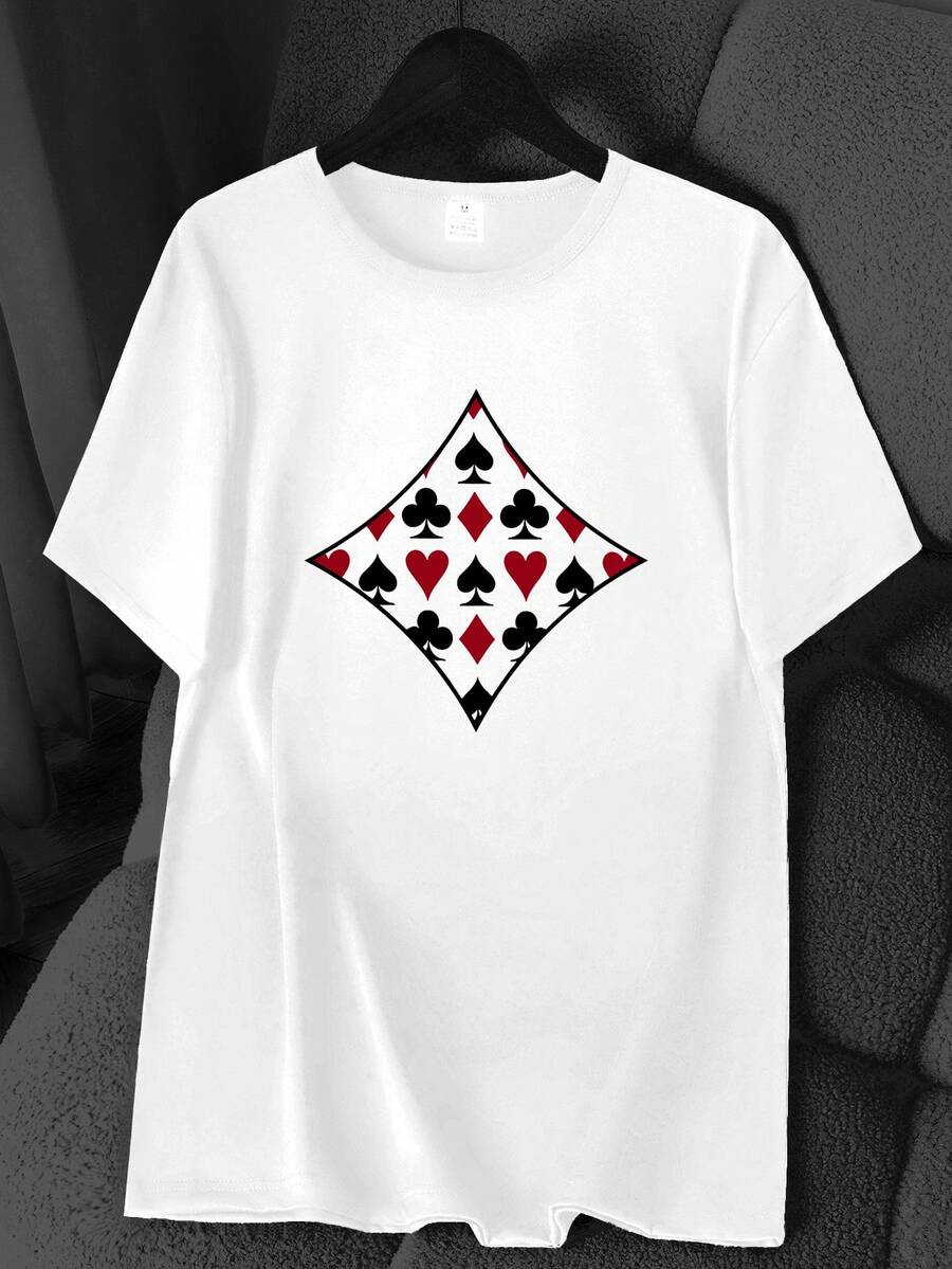 Geometric Shapes, Quadrilaterals, Poker Elements, Plum Blossom Print T-Shirt. Available In 6 Colors, Short Sleeves, Round Neck, High Elasticity, Casual Sports Top. Machine Washable. Suitable For Spring And Summer. Can Be Worn In All Seasons. Women's Clothing. Elegant Party Outfit, T-Shirt For Elegant Ladies, Blouses Suitable For Curvy Women, Casual Wear, Cool And Sweat-Free Summer Clothing, Fun Letter Print. - 白色 - 查看 1