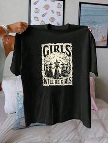 1 Halloween Witch Print T-Shirt, Casual Short Sleeve Round Neck T-Shirts For Summer And Spring, Women's T-Shirts, 180g 100% Cotton. - 黑色 - 查看 2