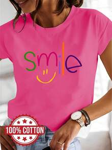 Camiseta de Mujer 100% con Estampado de Sonrisa, Camiseta Casual de Manga Corta y Cuello Redondo, Adecuada para Primavera y Verano, Estilo Femenino. Camisetas para Mujer. - Blanco - Ver 9