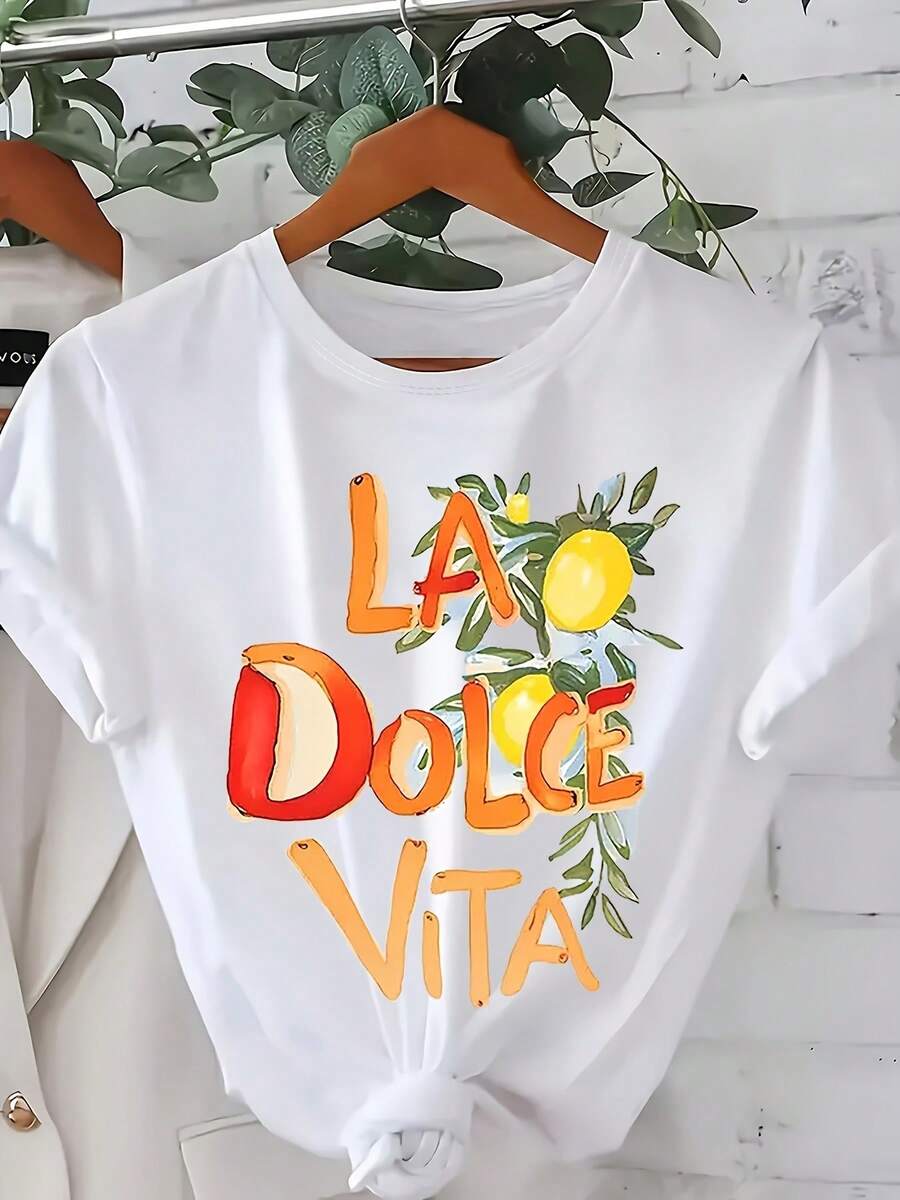 1pc Women's Casual T-Shirt With Lemon And Leaf Print LA Dolce Vita - Italian Inspired Design, Breathable Polyester, Machine Washable, Round Neck, Regular Fit For Spring Summer Autumn, Seasonal Fashion, Italian Style Tee, Comfortable - 白色 - 查看 1