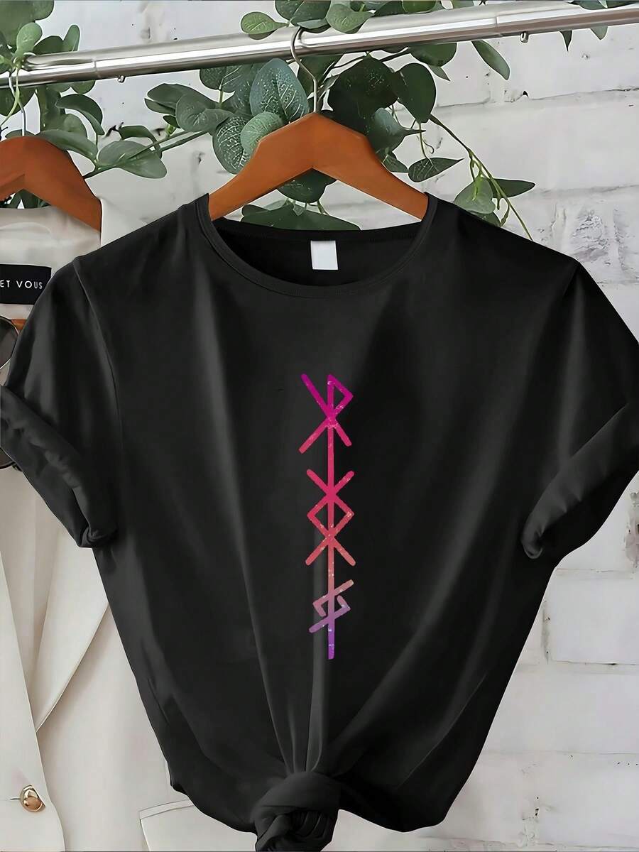 Women's T-Shirts, Short Sleeve, Women's Short Sleeve T-Shirt With Round Neck, Summer Clothes For Ladies, Women's Spring And Summer Round Neck T-Shirt, Women's Clothing, Printed T-Shirt - 黑色 - 查看 1