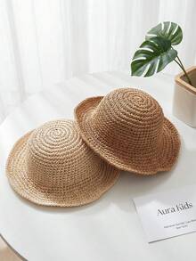 1pc Solid Color Crochet Straw Hat, Breathable UV Protection Children's Sun Hat, Suitable For Outdoor & Daily Wear - Multicolor - View 2