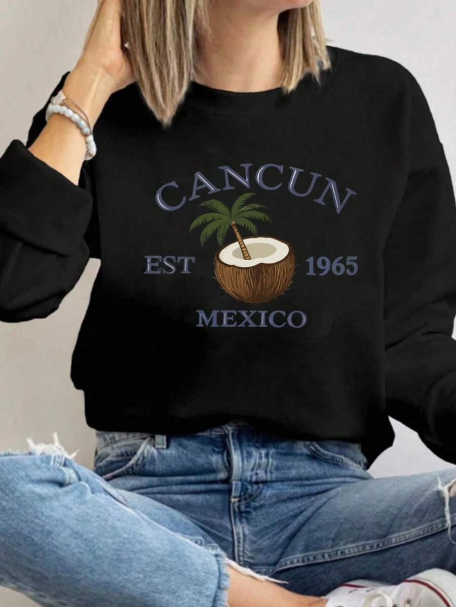 MSUCC|Women's Basic T-Shirt With Round Neck, Print, American Style, Modern And Youthful Design, Suitable For All Seasons And Daily Wear, With Soft Fabric|Women's Sweatshirt With Cancun And Coconut Print - 黑色 - 查看 1