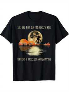 Men's Retro Rock T-Shirt, Suitable For Concerts - Casual Short Sleeve T-Shirt With Retro Music Logo And Full Moon Print, Casual Crew Neck Adult T-Shirt, Music Fan Clothing, Night Show Outfit - Machine Washable, Suitable For Travel, House Parties, A Perfect Gift For Women And Men. - 黑色 - 查看 6