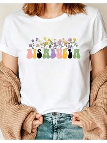 Women's Printed T-Shirt With Floral Graphic And Letters BISABURU - Casual Short Sleeve Crew Neck T-Shirt, Relaxed Fit For All Seasons, Perfect For Everyday Wear And Holiday Outfits, Machine Washable. - 白色 - 查看 7