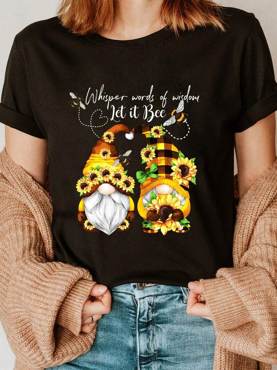 Women's Short-Sleeved Crew Neck T-Shirt With A Casual Life Wisdom Print And Dwarf Sunflower Design, Perfect For Spring And Summer. A Casual Women's Short-Sleeved Crew Neck T-Shirt, A Stylish Urban Piece For Spring/Summer. - 黑色 - 查看 1